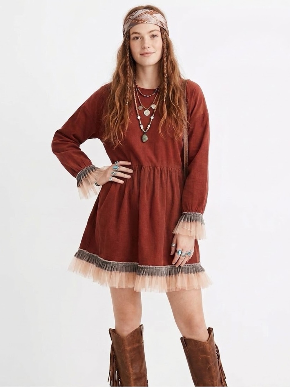 Madewell Burgundy Corduroy Mesh Ruffle Babydoll Dress Coquette Goblincore Boho